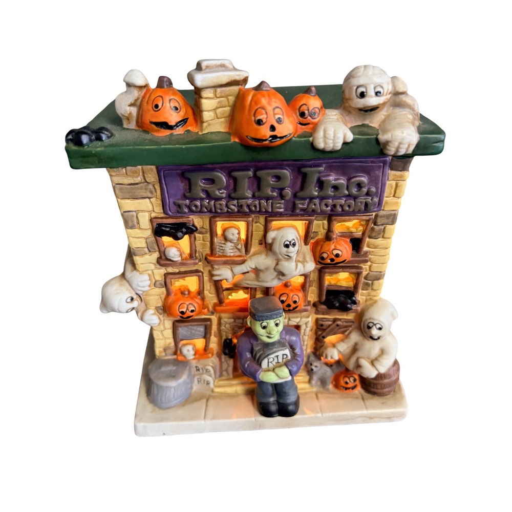 Vintage Pumpkin Time RIP Inc Tombstone Factory Halloween Lighted House Porcelain